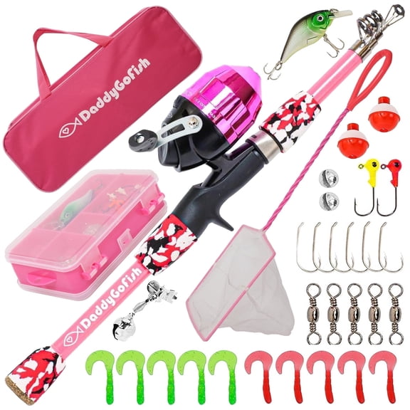 DaddyGoFish Kids Fishing Pole - Rod Reel Combo Tackle Box Starter Set - First Year Small Gear Kit for Boys Girls Toddler Youth Age Beginner Little Children (Essential Set, Pink, 5ft)