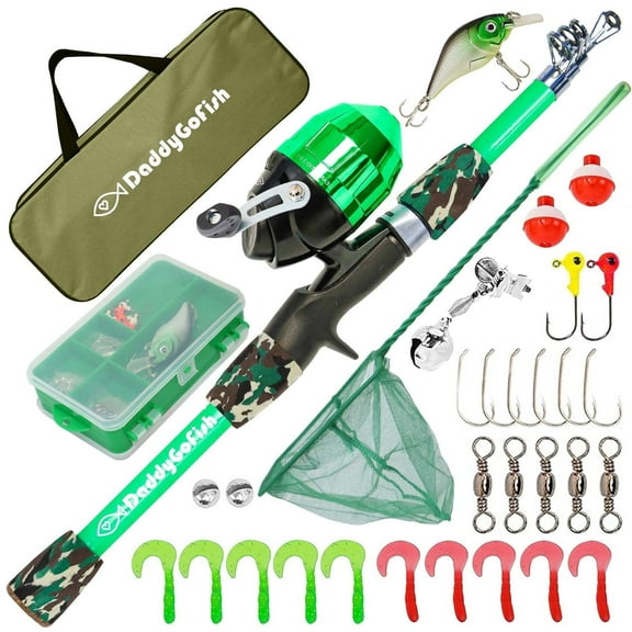 DaddyGoFish Kids Fishing Pole - Rod Reel Combo Tackle Box Starter Set - First Year Small Gear Kit for Boys Girls Toddler Youth Age Beginner Little Children (Essential Set, Green, 5ft)