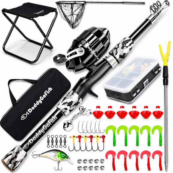 DaddyGoFish Kids Fishing Pole – Telescopic Rod & Reel Combo with Collapsible Chair, Rod Holder, Tackle Box, Bait Net and Carry Bag for Boys and Girls