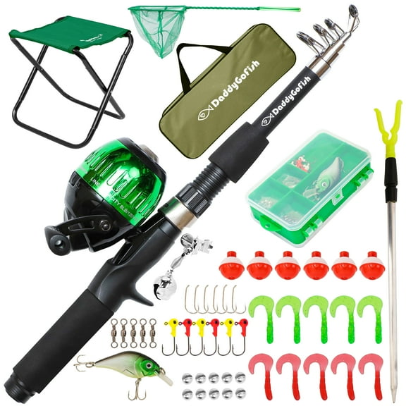 DaddyGoFish Kids Fishing Pole – Telescopic Rod & Reel Combo with Collapsible Chair, Rod Holder, Tackle Box, Bait Net and Carry Bag for Boys and Girls