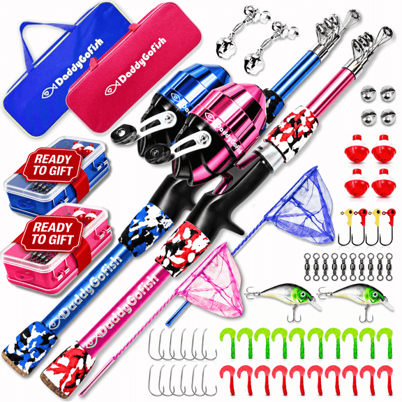 DaddyGoFish Kids Fishing Pole - Rod Reel Combo Tackle Box Starter Set - First Year Small Gear Kit for Boys Girls Toddler Youth Age Beginner Little Children (Essential Set, Blue + Pink, 5ft)
