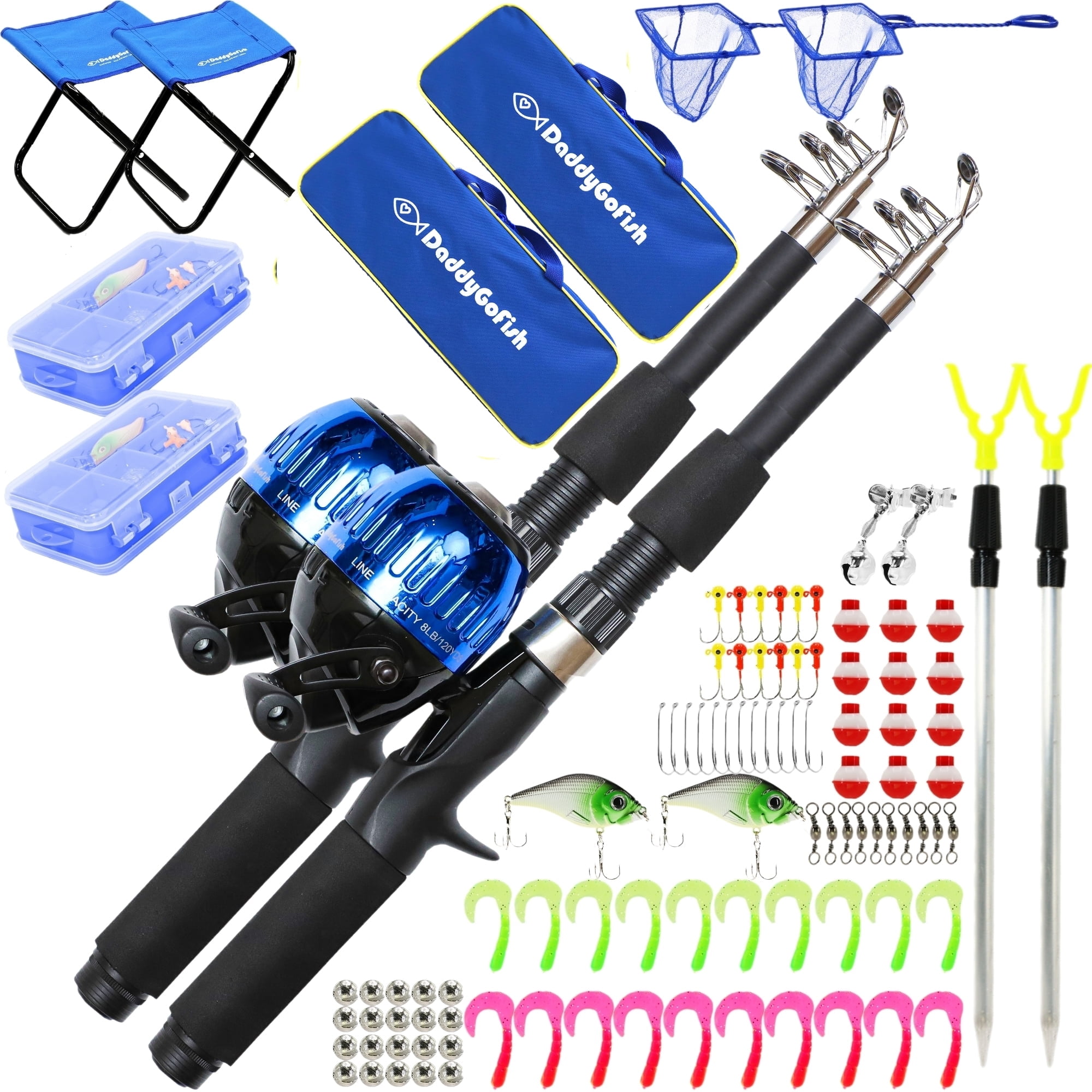 DaddyGoFish Kids Fishing Pole – Telescopic Rod & Reel Combo with Collapsible Chair, Rod Holder, Tackle Box, Bait Net and Carry Bag for Boys and Girls