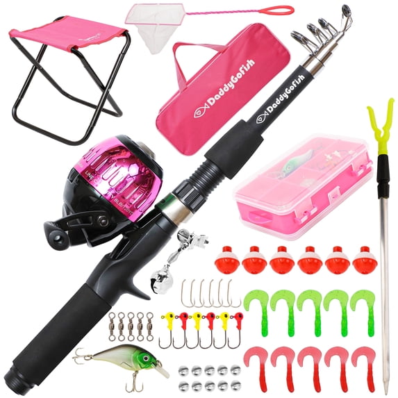 DaddyGoFish Kids Fishing Pole – Telescopic Rod & Reel Combo with Collapsible Chair, Rod Holder, Tackle Box, Bait Net and Carry Bag for Boys and Girls