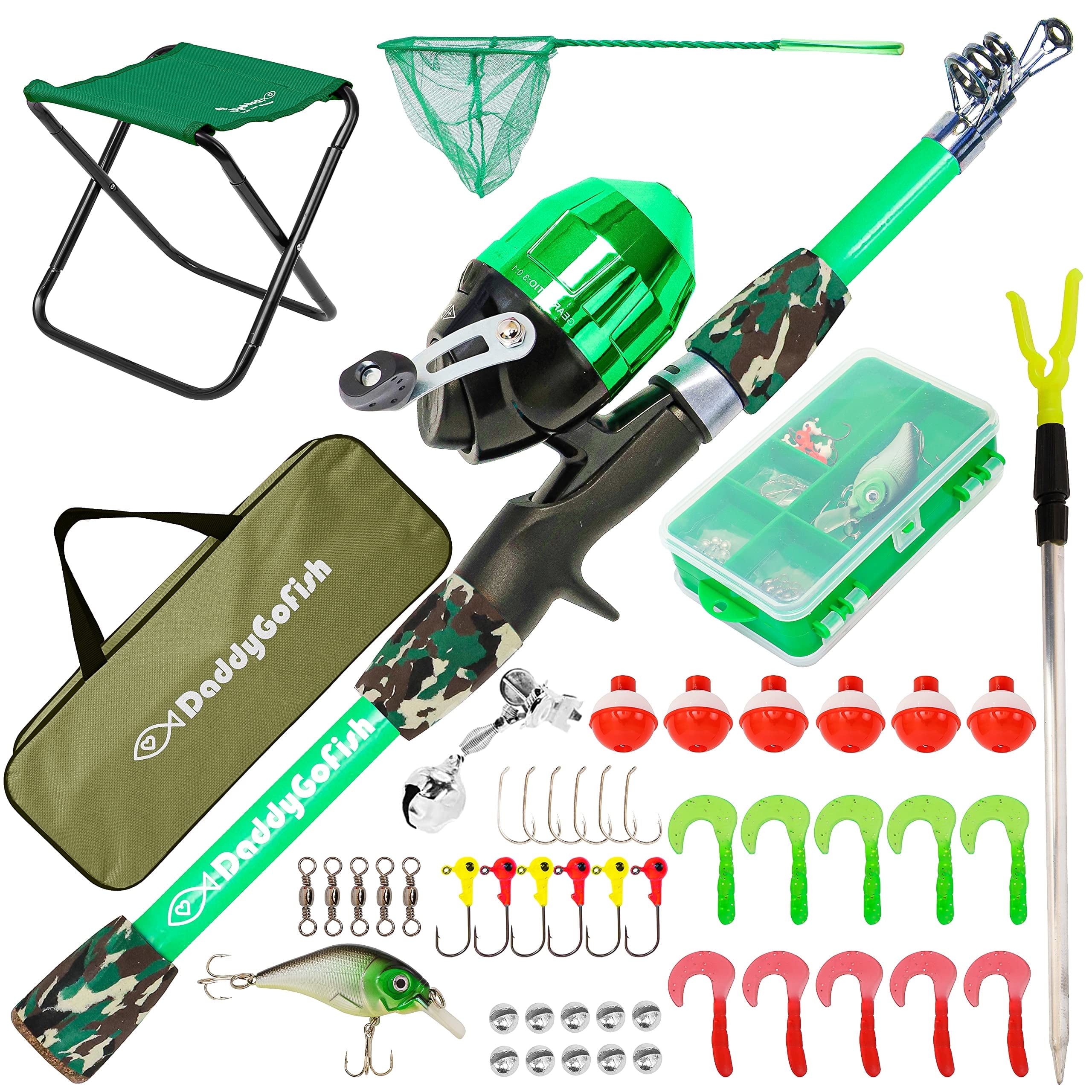 DaddyGoFish Kids Fishing Pole – Telescopic Rod & Reel Combo with Collapsible Chair, Rod Holder, Tackle Box, Bait Net and Carry Bag for Boys and Girls