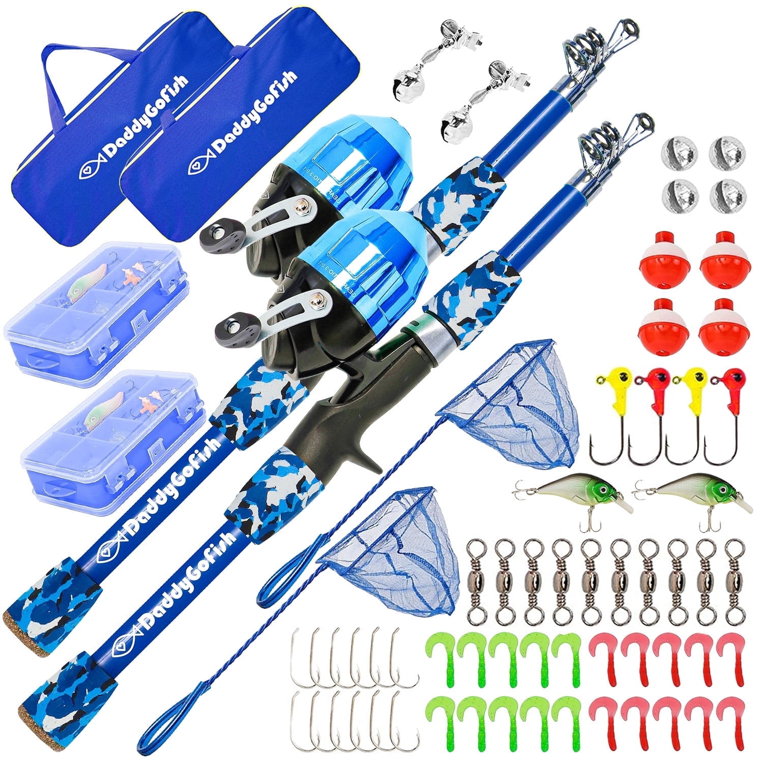 DaddyGoFish Kids Fishing Pole - Rod Reel Combo Tackle Box Starter Set - First Year Small Gear Kit for Boys Girls Toddler Youth Age Beginner Little Children (Essential Set, Blue + Blue, 4ft)