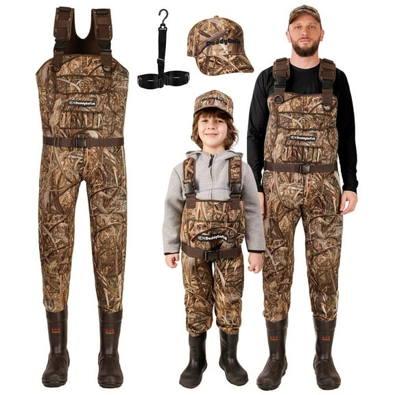 DaddyGoFish Neoprene Chest Waders for Kids and Adults | Waterproof BootFoot Waders | Fishing and Hunting Waders with a Camouflage Caps, and a Wader Hanger