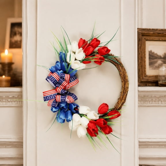 Dademeo 15.7 Inch Patriotic Tulip Wreath Red White Blue Artificial Flower for 4th of July Front Door Home Decor