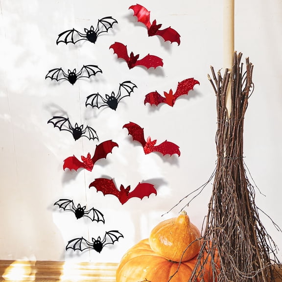 Dademeo 3D Halloween Bat Wall Stickers, Black Red Glitter Decals, Waterproof Spooky Home Window Door Party Decoration, 12 Pack, 5.9 Inches