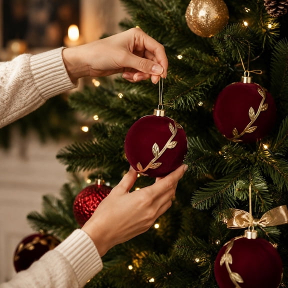 Dademeo 9Pcs Burgundy Flocked Christmas Balls Ornaments, Shatterproof Xmas Hanging Baubles, For Christmas Tree Holiday Decor