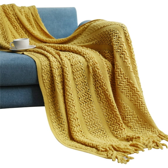 Dademeo Cotton Bed Blankets King Size Throw Blanket for Couch Knit Woven Blanket Warm Decorative Blanket for Bed,Sofa and Living Room,Yellow,