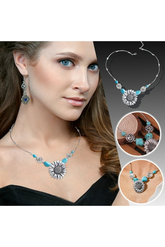 Valentines Day Gifts Boho Turquoise Sunflower Pendant Necklace for Women Vintage Chunky Ethnic Tribal Beaded Necklace Jewelry for Her Girlfriend Wife Mom Anniversary Birthday Gifts
