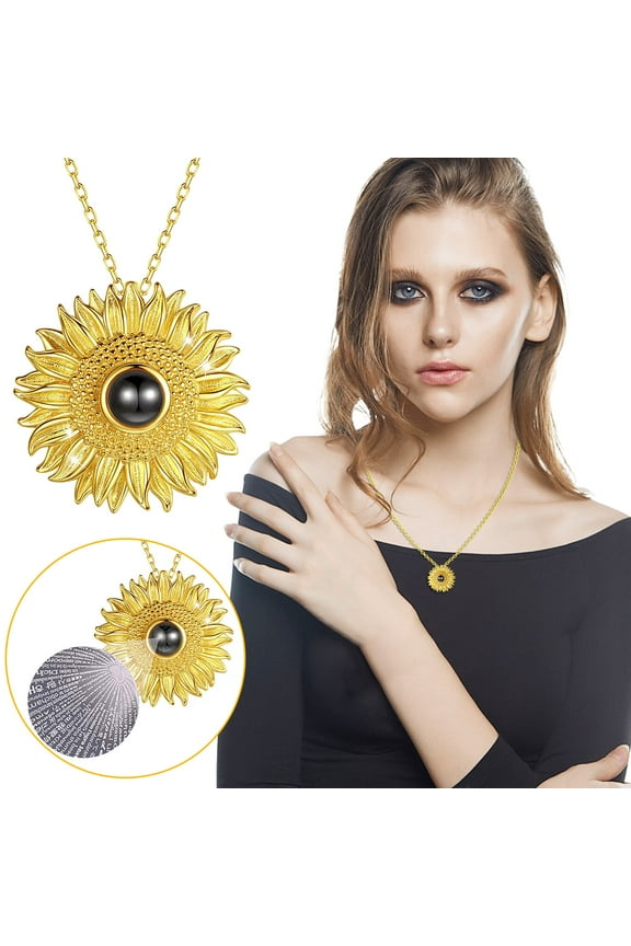 Valentines Day Gifts Golden Sunflower Pendant Necklace for Women 100 Languages I Love You Projection Necklace Jewelry for Her Girlfriend Wife Mom Anniversary Birthday Gifts