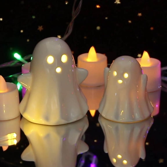 Dademeo Halloween Ceramic Ghost Night Light, Handcrafted LED Tabletop Ornaments, Warm Glowing Decor for Bedroom Home Office Shelf, Set of 2