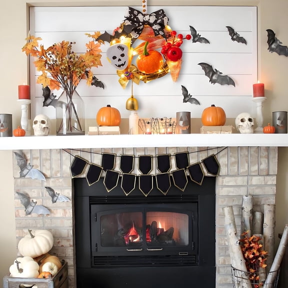 Dademeo Halloween Lighted Wreath, Rattan Pumpkin Ghost Bat Door Hanger, Warm LED Spooky Wall Mantel Party Decoration, 9.8 Inches