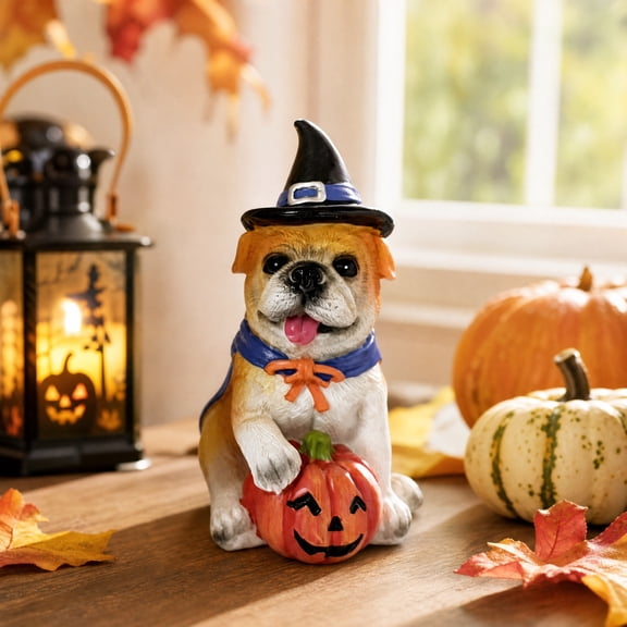 Dademeo Halloween Witch Pug Resin Statue, Cute Fall Pug Dog Figurine with Witch Hat, Cape & Pumpkin, Ideal Gift for Dog Lovers