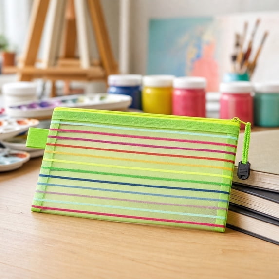 Dademeo High Density Mesh Pencil Case, Macaron Rainbow Stripe Zipper Pouch for Office Travel Makeup Brushes Cosmetic Storage