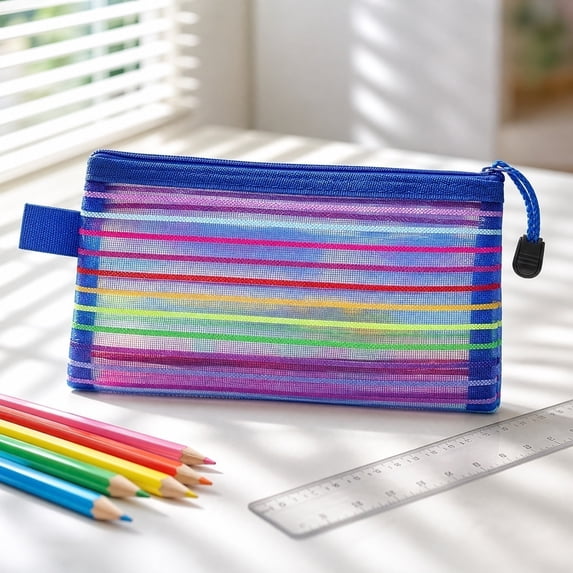 Dademeo High Density Mesh Pencil Case, Macaron Rainbow Stripe Zipper Pouch for Office Travel Makeup Brushes Cosmetic Storage