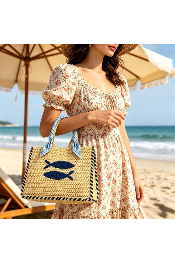 Ladies Mini Straw Handbag Embroidered Fish Beach Purse Natural Woven Raffia Shoulder Bag for Vacation