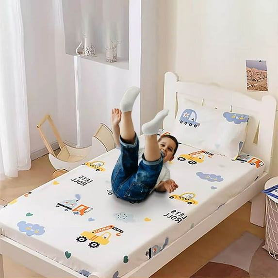 Dademeo Bed Sheets Full Kids Boys Bedding Sheet Twin, Trucks Fitted Sheet, Construction Vehicle Bedding Sheet for Boys, Cartoon Bed Cover Beige