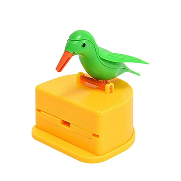 Dadiaei Automatic Toothpick Dispenser, Push-Type Toothpick Holder with Box, Portable Kitchen Decoration, Woodpecker Design, 1PCS (Yellow & Green)