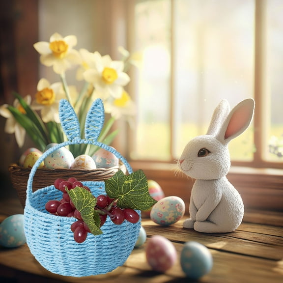 Dadiaei Easter Bunny Basket with Ears for Kids - Easter Egg Hunt Basket Bags for Girls, Boys, Baby & Children - Pink & White Easter Gift Basket 10.2 x 6.8 x 6.3 Inches