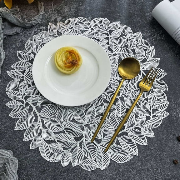Dadiaei Leaf Placemats Bulk Pressed Vinyl Place mats Washable and Wipeable Round Placemats Hollow Out Non-Slip Metallic Decorative Table Mats for Dining Table Kitchen Decor