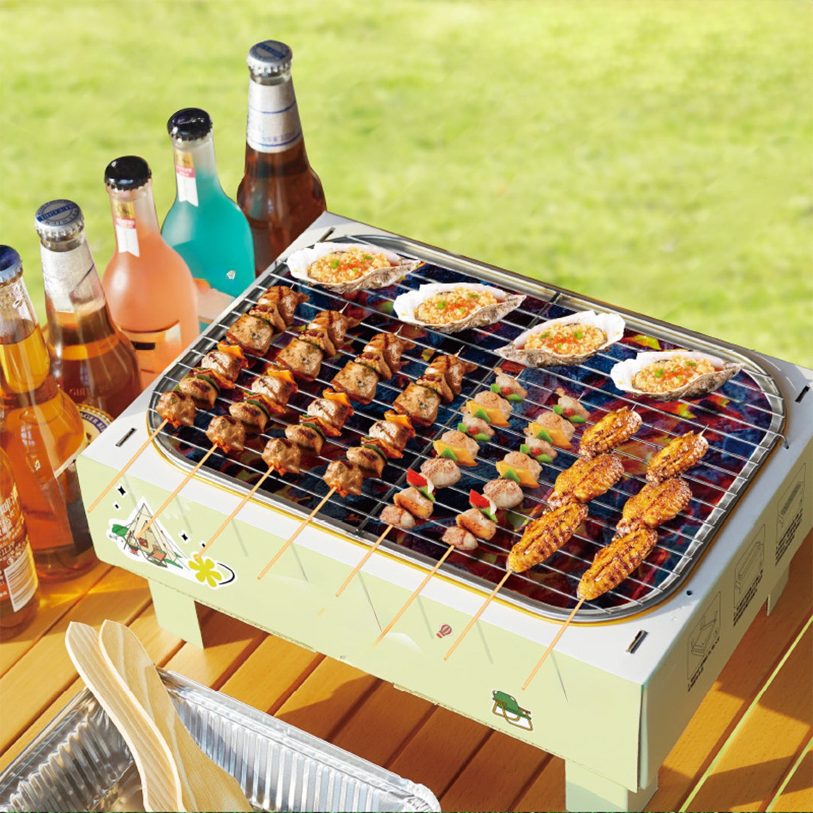 Portable Square Charcoal Grill - 12.2"x12.2" Tabletop BBQ For Camping, Picnics, Backyard - Includes Grill Net & Baking Tray (Black)