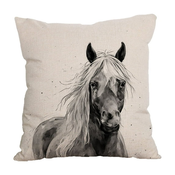 Dadiaei Linen Cushion Cover Horse Print Decorative Sofa Pillow for Living Room Office Lumbar Support Throw Pillowcase Farmhouse Decor,18x18in