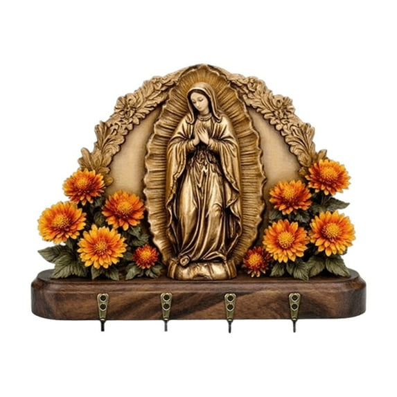 Dadiaei Our Lady of Guadalupe Key Rack Wooden Wall Decor with 4 Hooks Religious Entryway Storage Organizer Floral Design Gift for Home
