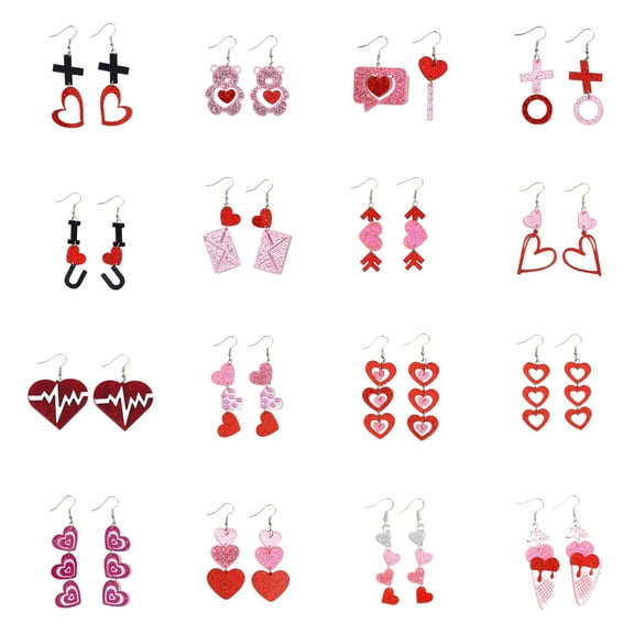 Dadiaei Valentines Day Earrings Set 16 Pairs Acrylic Dangle Earrings for Women Holiday Romantic Gift Hearts Envelopes Bear Studs Jewelry Collection