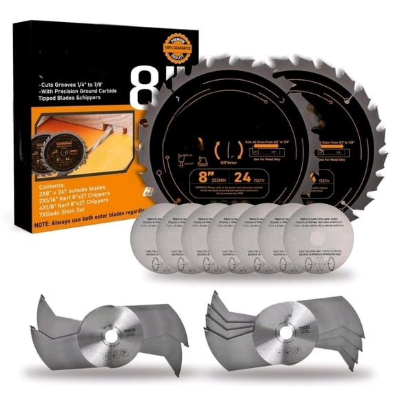 Dado Blade Set, 8 Inch Stacked Dado Blades for 10" Table Saw 24T(Tungsten Carbide Tipped) with 5/8 Inch Arbor, Cutting Width from 1/4" to 7/8" in 1/16"- 15 Pieces