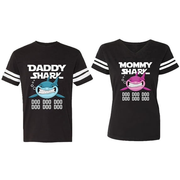 Dady Mama Shark Matching Couple Cotton Jerseys (Men Black / Women Black) (Men S / Women S)