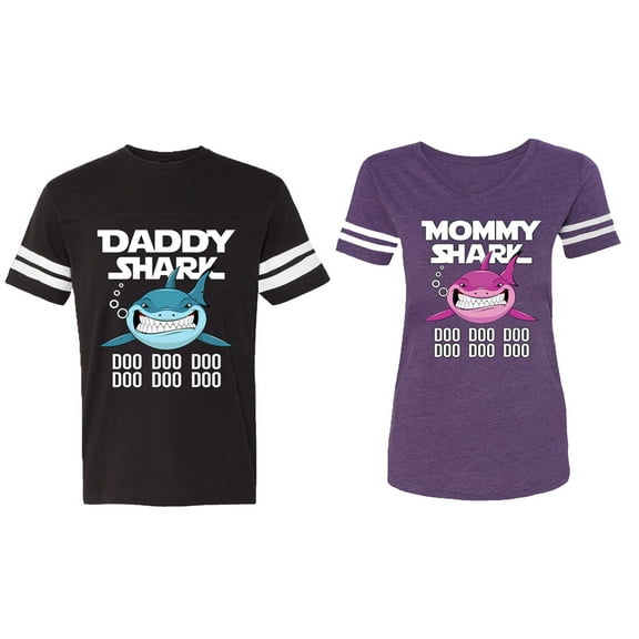 Dady Mama Shark Matching Couple Cotton Jerseys (Men Black / Women Purple) (Men M / Women XXL)