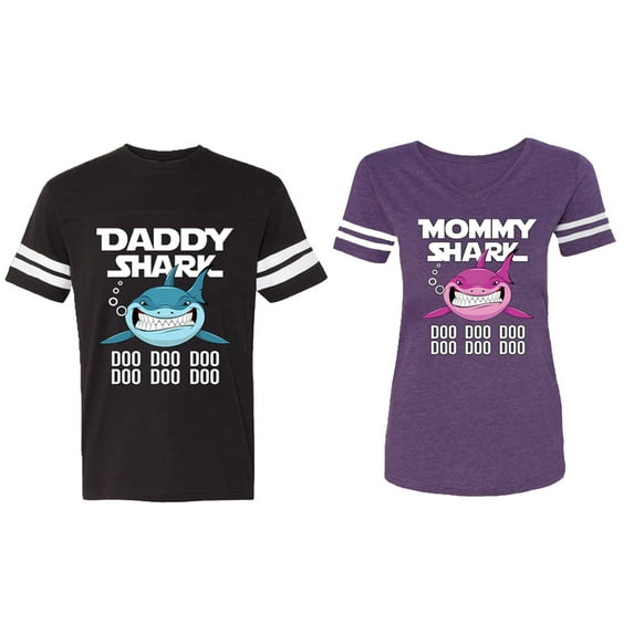 Dady Mama Shark Matching Couple Cotton Jerseys (Men Black / Women Purple) (Men S / Women XL)