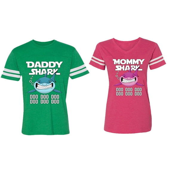 Dady Mama Shark Matching Couple Cotton Jerseys (Men Green / Women Pink) (Men L / Women XL)