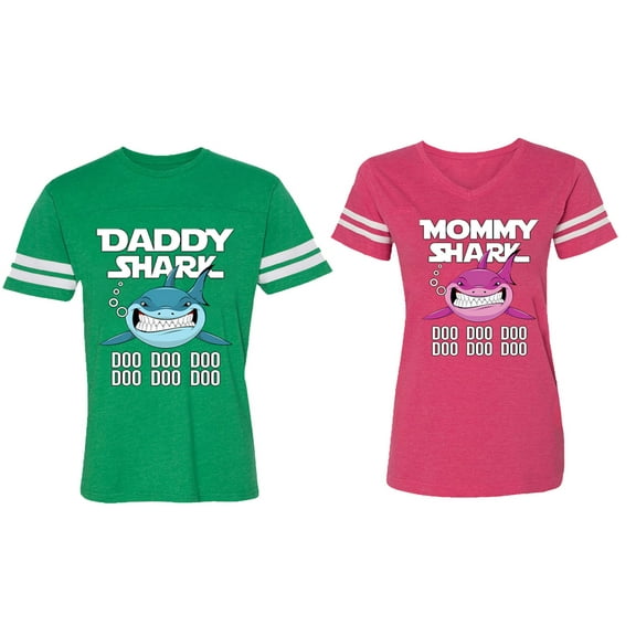 Dady Mama Shark Matching Couple Cotton Jerseys (Men Green / Women Pink) (Men XXL / Women M)