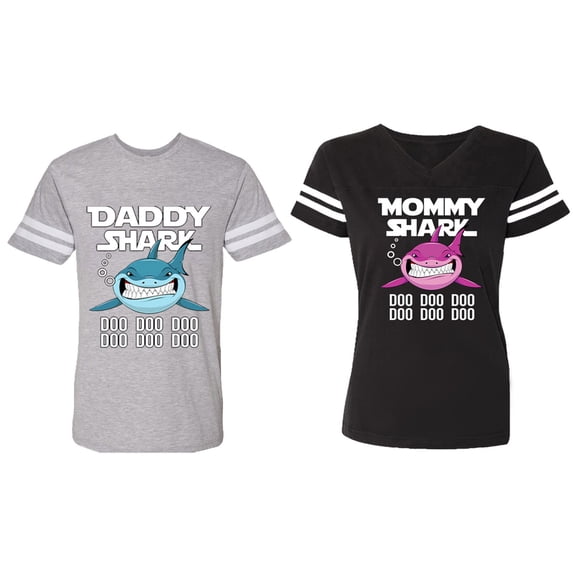 Dady Mama Shark Matching Couple Cotton Jerseys (Men Heather / Women Black) (Men L / Women XL)