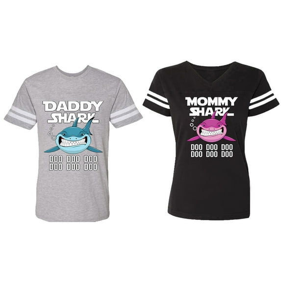 Dady Mama Shark Matching Couple Cotton Jerseys (Men Heather / Women Black) (Men S / Women S)
