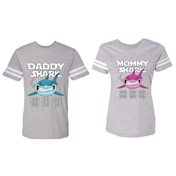 Dady Mama Shark Matching Couple Cotton Jerseys (Men Heather / Women Heather) (Men XL / Women M)