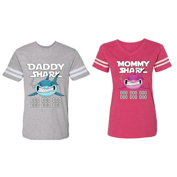 Dady Mama Shark Matching Couple Cotton Jerseys (Men Heather / Women Pink) (Men XXL / Women M)