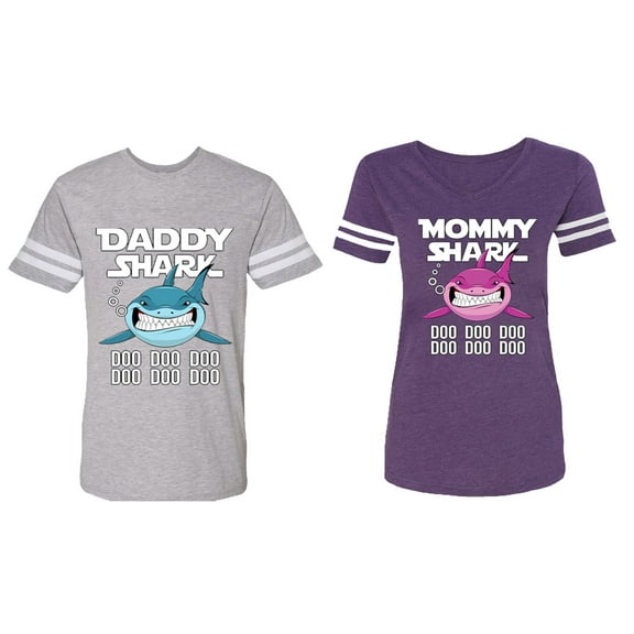 Dady Mama Shark Matching Couple Cotton Jerseys (Men Heather / Women Purple) (Men L / Women M)