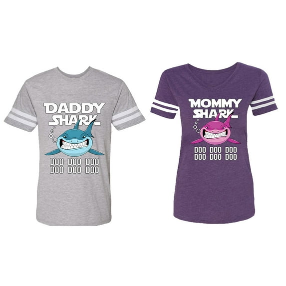 Dady Mama Shark Matching Couple Cotton Jerseys (Men Heather / Women Purple) (Men XL / Women S)