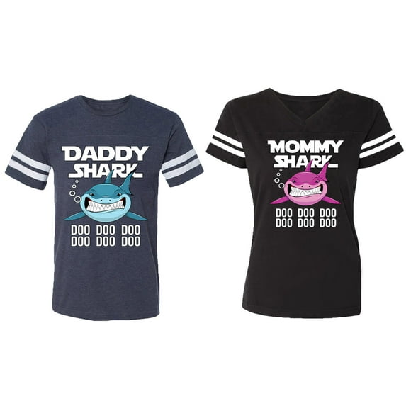Dady Mama Shark Matching Couple Cotton Jerseys (Men Navy / Women Black) (Men M / Women M)