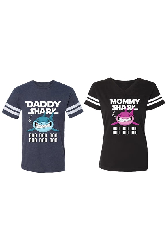 Dady Mama Shark Matching Couple Cotton Jerseys (Men Navy / Women Black) (Men S / Women S)