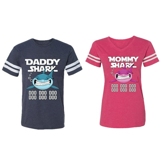 Dady Mama Shark Matching Couple Cotton Jerseys (Men Navy / Women Pink) (Men S / Women XL)