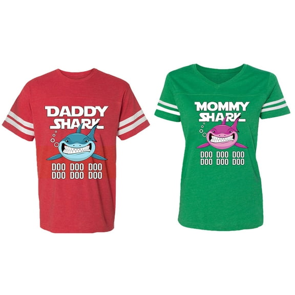 Dady Mama Shark Matching Couple Cotton Jerseys (Men Red / Women Green) (Men XL / Women M)