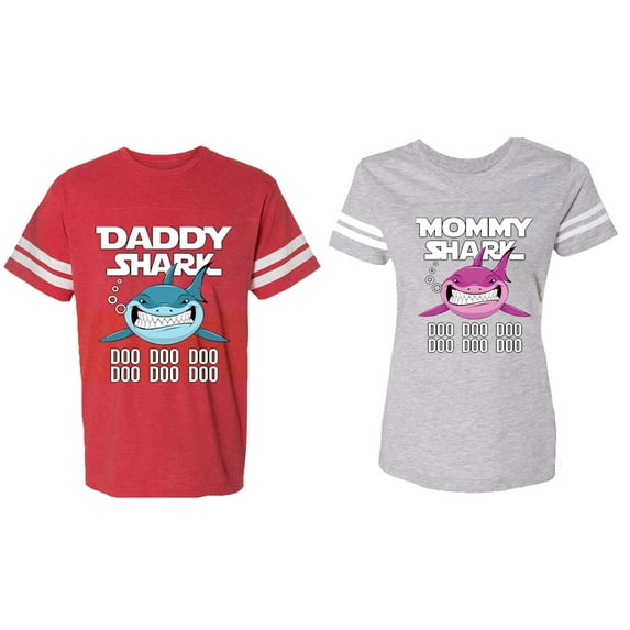 Dady Mama Shark Matching Couple Cotton Jerseys (Men Red / Women Heather) (Men M / Women M)