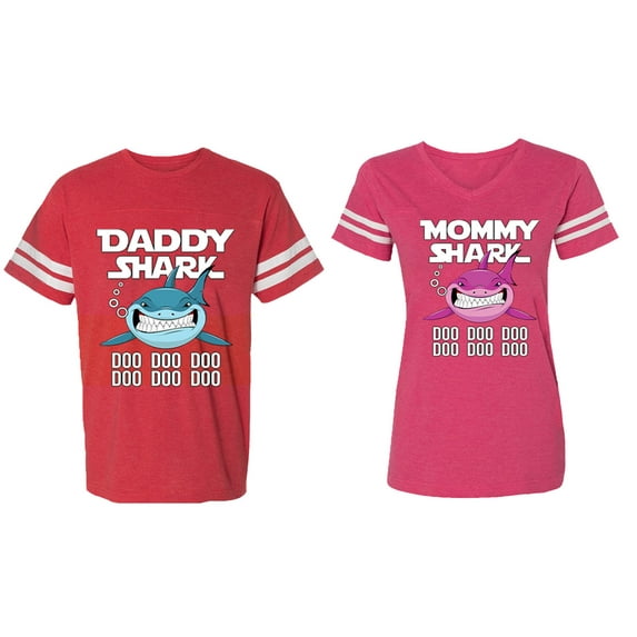 Dady Mama Shark Matching Couple Cotton Jerseys (Men Red / Women Pink) (Men S / Women XL)