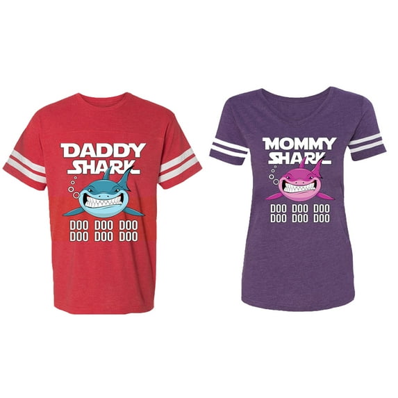 Dady Mama Shark Matching Couple Cotton Jerseys (Men Red / Women Purple) (Men M / Women XL)