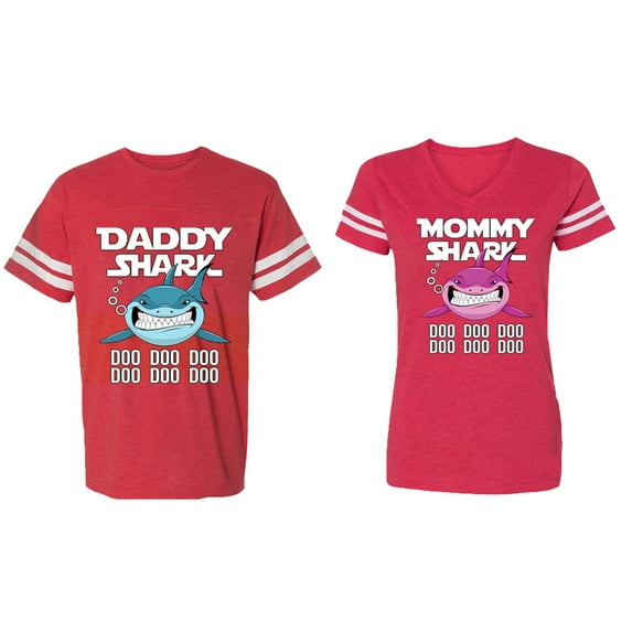 Dady Mama Shark Matching Couple Cotton Jerseys (Men Red / Women Red) (Men XXL / Women XL)